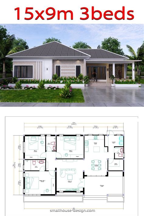 49x30 Small House Plan 15x9 Meter 3 Beds 3 Baths Hip Roof Affordable