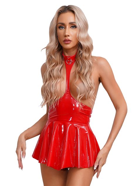 Chictry Womens Open Chest Mini Dress Lingerie Halter Ruffled Latex Dress Wet Look Patent Leather