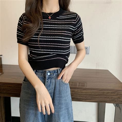 Jual Rajut Knit Wanita Korea Style Stripe Crop Top Lengan Panjang