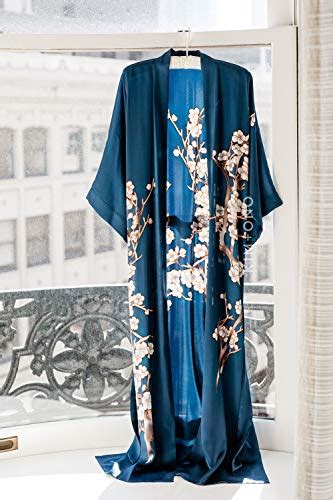 Kim Ono Silk Kimono Robe Long Handpainted Crane Teal Blue