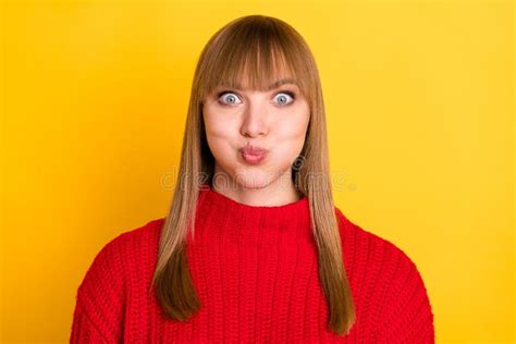 Photo Of Blond Nice Optimistic Lady Hold Air Wear Red Sweater Isolated