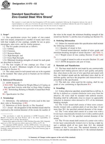 ASTM A475 03 Standard Specification For Zinc Coated Steel Wire Strand