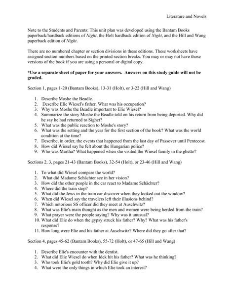 Night Elie Wiesel Worksheet Answers – E Street Light