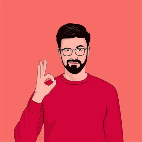 Joven apuesto hombre de barba con vidrio y camiseta roja ilustración