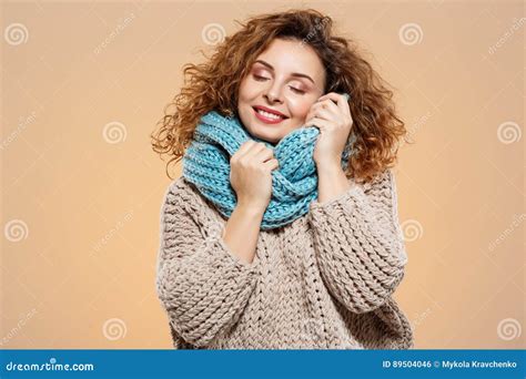 Close Up Portrait Of Cheerful Dreamy Smiling Beautiful Brunette Curly