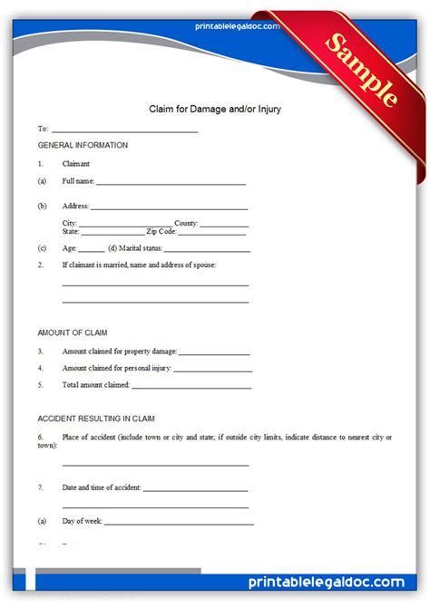 Free Printable Claim For Damage And Or Injury Form Generic