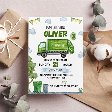 Editable Trash Truck Birthday Invitation Garbage Truck Invite Dump