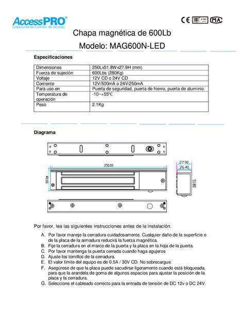 Manipulación De Acceso Chapa Magnética De 600lb Modelo Mag600n Led Especificaciones Diagrama