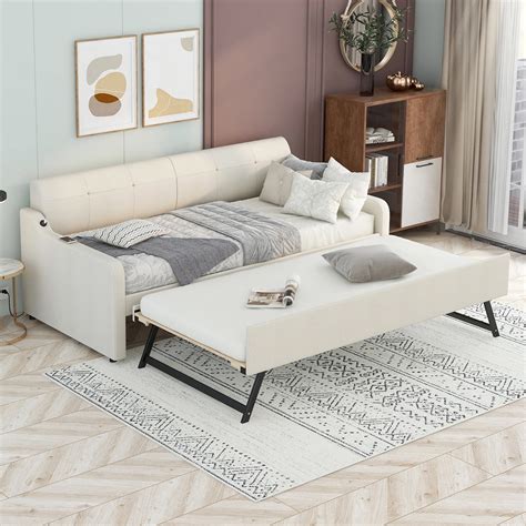 Tensun Beige Upholstered Daybed With Trundle Sofa Bed Featuring Usb