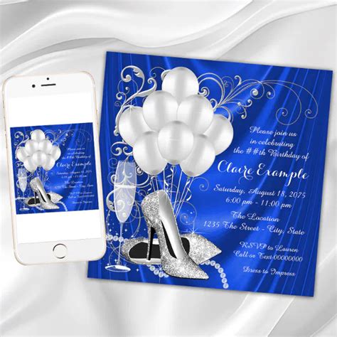 Womans Royal Blue And Silver Birthday Party Invitation Zazzle