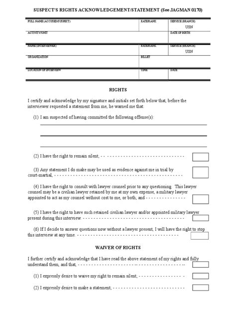 Military Rights Waiver Form Article 31b Pdf Miranda Warning