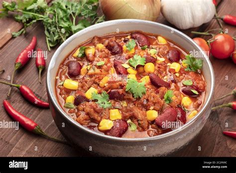 Chili Con Carne A Traditional Mexican Dish With Red Beans Cilantro Leaves Ground Meat And