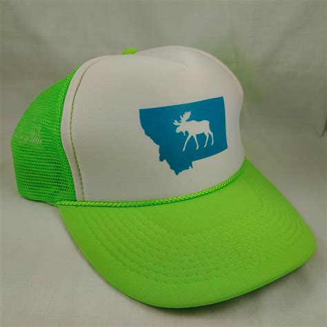 Montana State Moose Snapback Hat Trucker Cap Neon Green White Turquoise