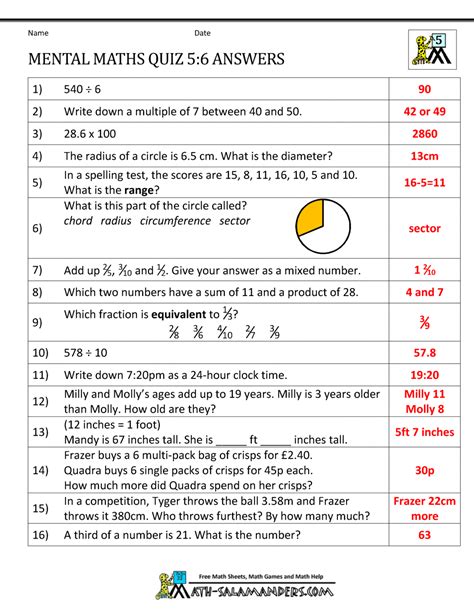 Mental Maths Practise Year 5 Worksheets