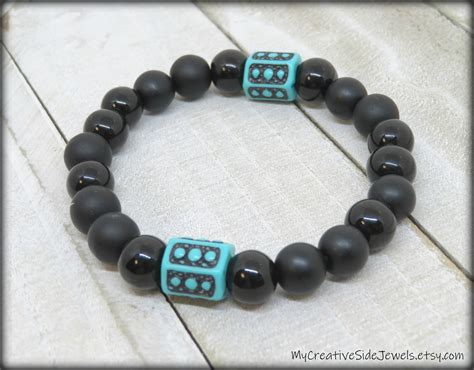 Men S Black And Turquoise Beaded Bracelet Unisex Stretch Etsy