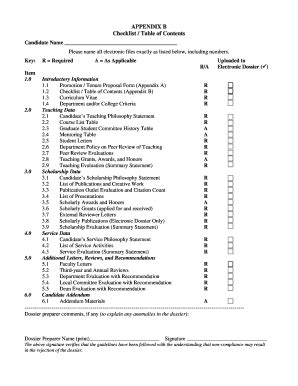 Fillable Online Appendix B Checklist Table Of Contents Fax Email