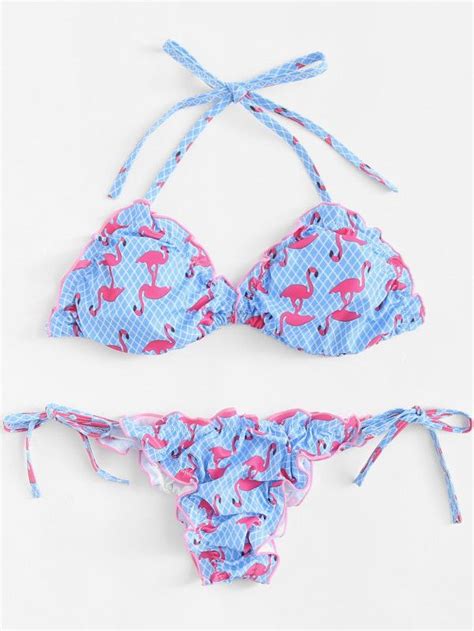 Flamingo Print Lettuce Trim Bikini Set Shein Sheinside Flamingo