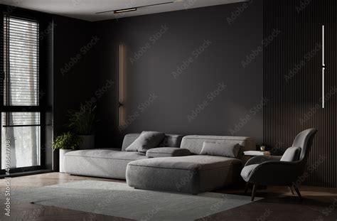 Illustrazione Stock Luxury dark living room interior background, black ...