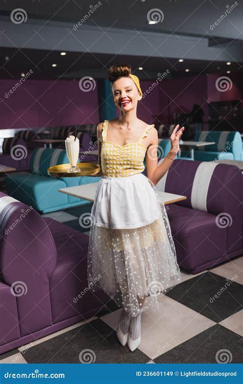 Cheerful Pin Up Waitress Holding Tray Stock Image Image Of Brunette