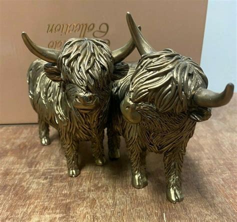 Reflections Twin Bronze Colour Highland Cow Statue Ornament Figurine By