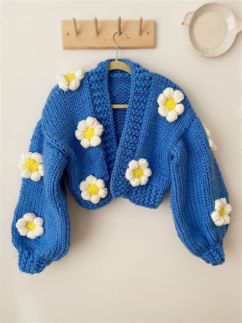 Blue Women Cardigan Chunky Knit Cardigan Blue Cardigan Cropped Daisy Cardigan Blue Daisy