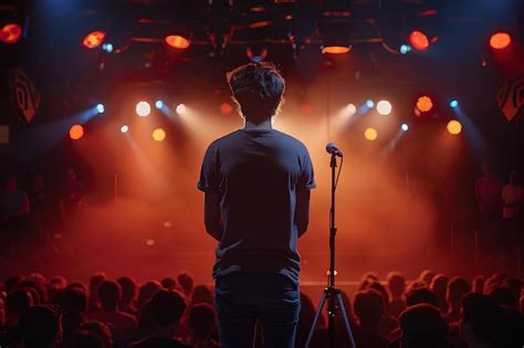 Premium Photo A Man Standing In Front Of A Microphone In Front Of A Crowd Of People At A