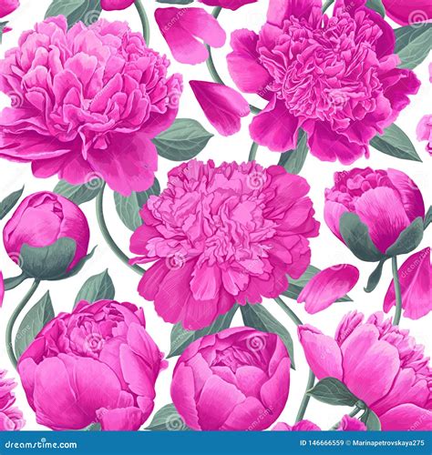 Floral Seamless Pattern With Pink Peonies Spring Flowers Background