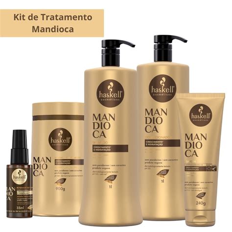 Kit Haskell Mandioca Shampoo Condicionador Mascara Leave In E Reparador