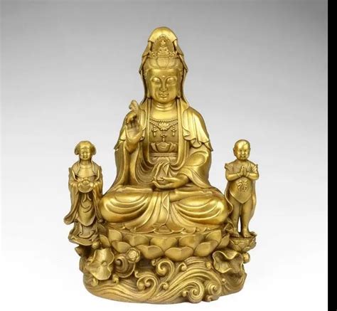 671116462 Tibet Buddhism Brass Copper Boy Lotus Seat Kwan Yin Guanyin