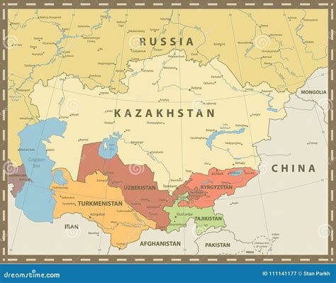 Central Asia Political Map Vintage Color Stock Vector - Illustration of ...