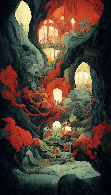 Premium AI Image | A painting of a cave with a dragon on the bottom.