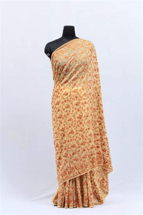 Fawn Color Kashmiri Work With Bright Thread Embroidery Saree Enriched