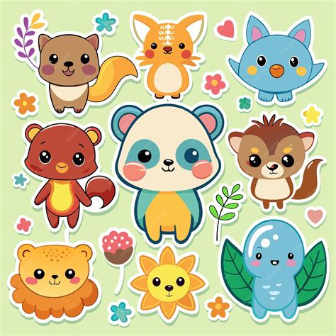 Premium Vector | Cute cartoon animals with stickers and a light green ...