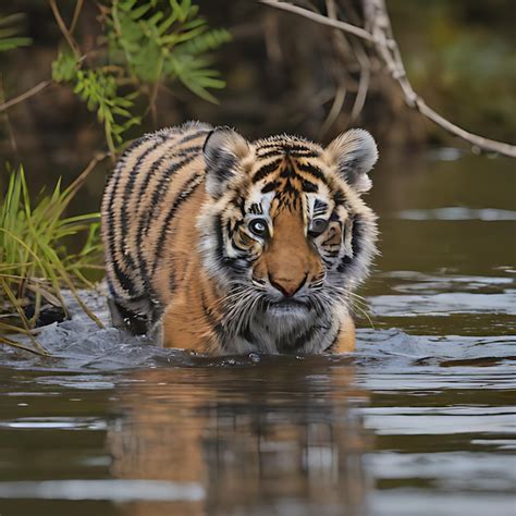 Premium Photo | A tiger cub is swimming in the water and is swimming