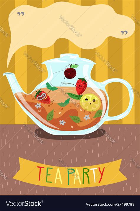 Glass teapot with berry tea party banner Vector Image