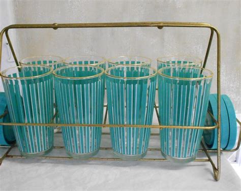 Vintage 1960s Drinking Glasses Striped Turquoise And Gold With Carrier Etsy