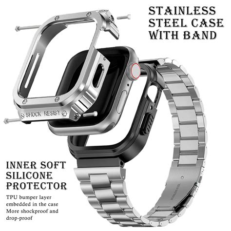 Miohhr Stainless Steel Band And Case Compatible Apple Watch Band 44mm Men Rugged Metal Strap