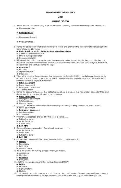 Solution Nursing Process Mcqs Unit Studypool