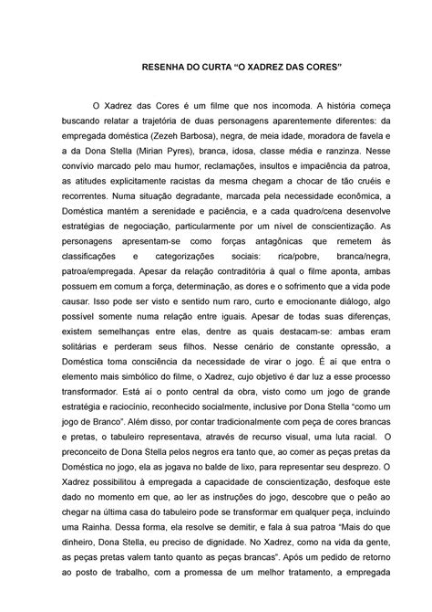 Resenha O Xadrez Das Cores RESENHA DO CURTA O XADREZ DAS CORES O