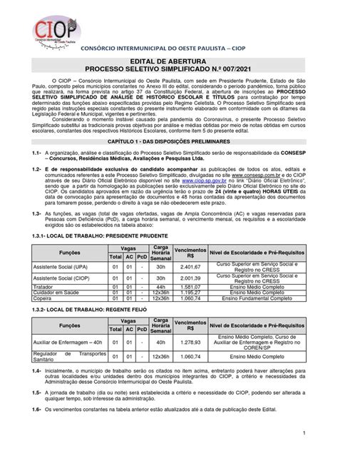 Edital De Abertura Processo Seletivo Simplificado Nº 0072021 Pdf