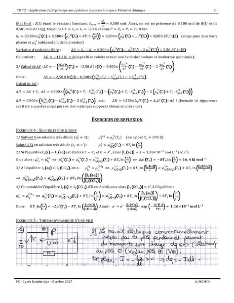 Corrig S Application Du Second Principe De La Thermodynamique