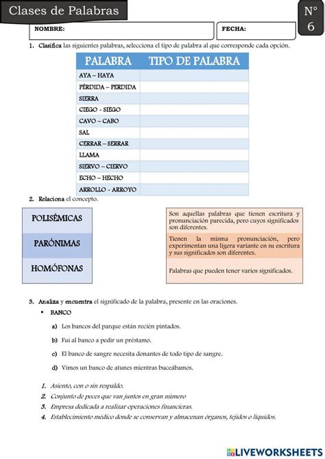 Tipos De Palabras Lengua Y Literatura Exercise Live Worksheets