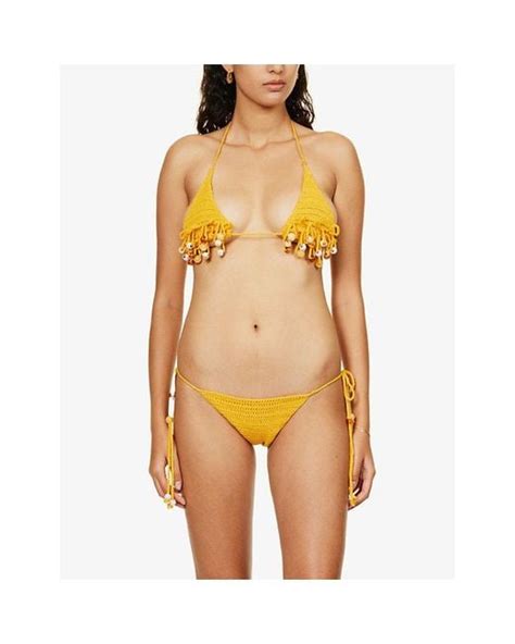 Jaded London Bead Embellished Crochet Cotton Blend Bikini Top In