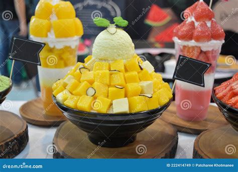 Korean Shaved Ice Cream Dessert With Sweet Toppings Mango Bingsu Or