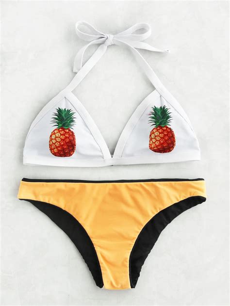 Pineapple Print Mix Match Triangle Bikini Set SheIn Sheinside