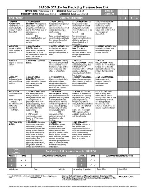 Braden Scale Score Chart