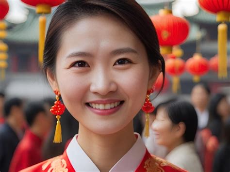 Premium Photo | Chinese girl in traditional costume smiles happily at the Chinese New Year ...