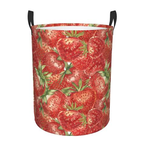 Coaee Strawberry Laundry Basket With Handle Waterproof Round