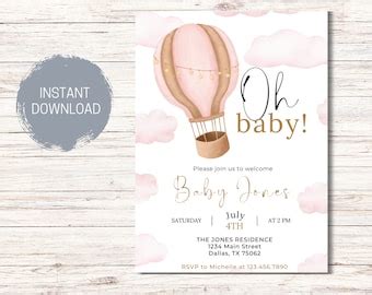 Pink Hot Air Balloon Baby Shower Invitation Template Girl Baby Shower Invite Adventure Awaits