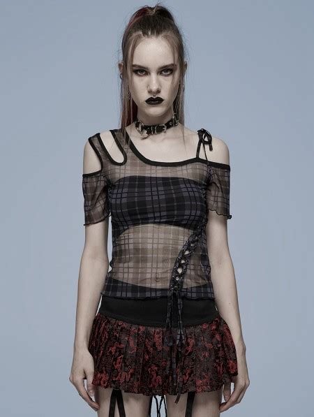 Punk Rave Black Gothic Grunge Daily Wear Plaid Mesh T Shirt For Women